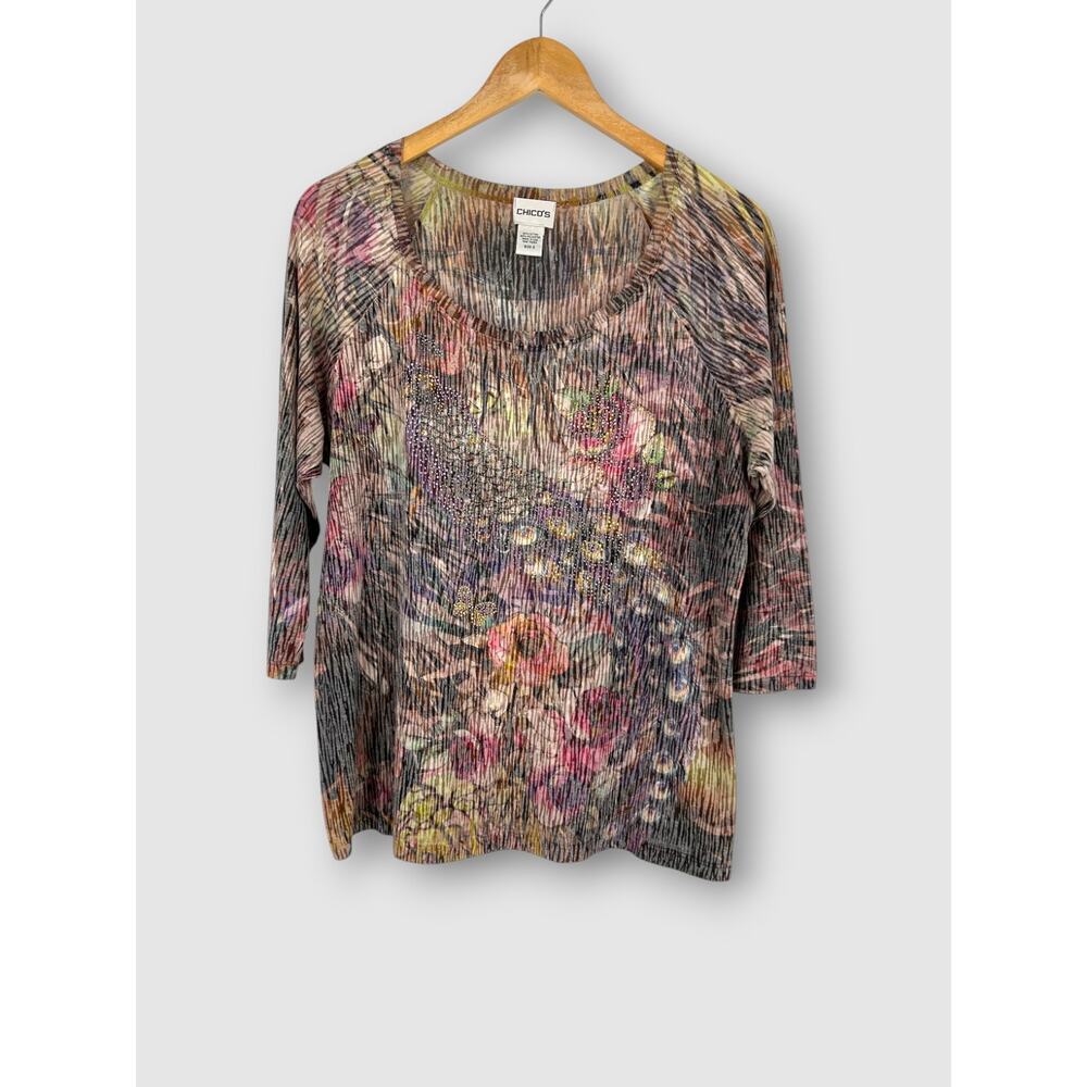 Y2k Vintage Chico's Floral Abstract Print Peacock Multicolor Top Size XL